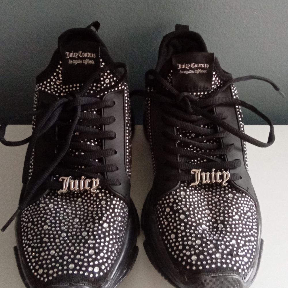Juicy Couture Black Rhinestone Sneaker Athletic Lace Up Fashion Shoes Womens 8.5